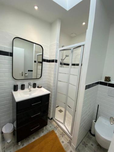 une salle de bain avec une douche, un lavabo et des toilettes dans l'établissement Le Cast'L 2 Coin de paradis en bord de Dordogne, à La Rivière