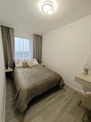 a bedroom with a large bed with a window at Korczaka Apartment in Elblag
