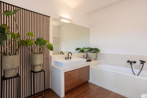 a bathroom with a sink and a bath tub and a tubermott at Les Arcs in Agrate Conturbia