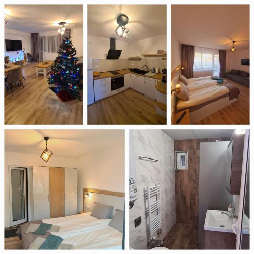 a collage of four pictures of a room with a christmas tree at Къща за гости Сънрайс Чепеларе in Chepelare