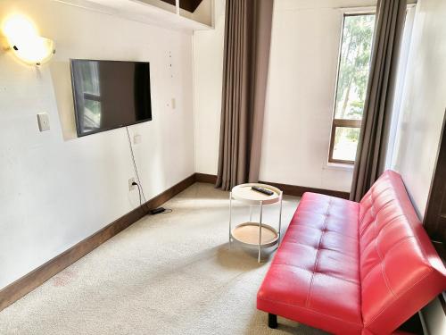 a living room with a red leather couch and a stool at Pukekohe Farm House 5min to Town Centre in Buckland