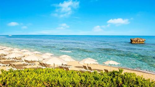 a group of umbrellas on a beach with the ocean at Borgo di Riaci Beach Resort in Santa Domenica