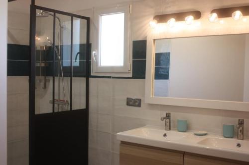 une salle de bain avec un lavabo, une douche et un miroir dans l'établissement Bastide provençale avec piscine privée, à Sainte-Cécile-les-Vignes