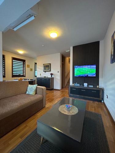 a living room with a couch and a tv at Premium Apartment in Fojnica