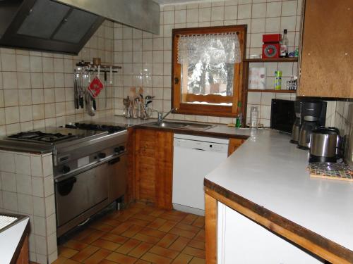 une cuisine avec une cuisinière et un évier dans l'établissement Gîte des Moulins, à Samoëns