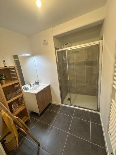 une salle de bain avec douche et lavabo dans l'établissement Le champs de mars, à La Rochelle