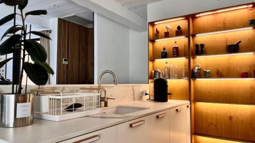- une cuisine avec un évier et une étagère avec des bouteilles dans l'établissement Villa Adeona - Luxury House Valbonne - Pool - AC, à Valbonne