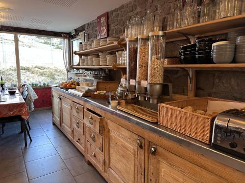 a kitchen with wooden cabinets and a counter with dishes at Auberge de Jeunesse HI Le Mont-Dore in Le Mont-Dore