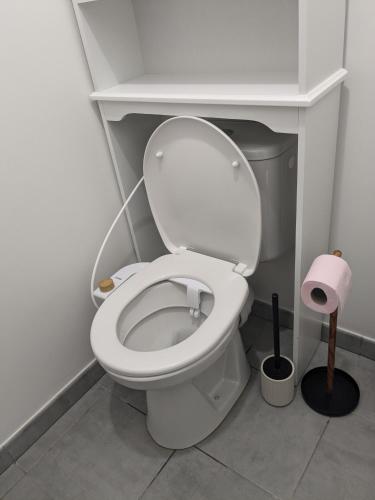 - des toilettes blanches dans une salle de bains avec un rouleau de papier toilette dans l'établissement Hébergement Verneuil tout confort neuf 68m carré, à Verneuil-sur-Seine