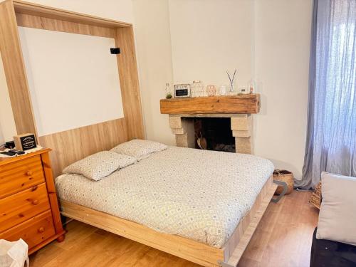 une chambre avec un lit et une cheminée dans l'établissement Location atypique village olmeto, à Olmeto
