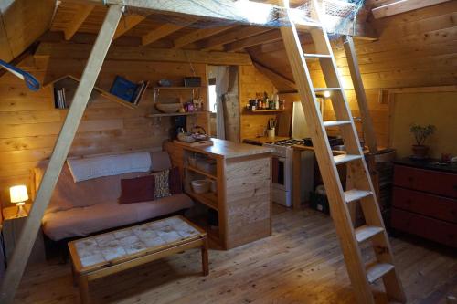 a room with a bunk bed and a desk and a ladder at La Cabane aux Rêves in Sepx