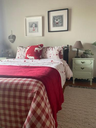 a bedroom with a bed with a red and white blanket at D&S home oinofita in Oinófita
