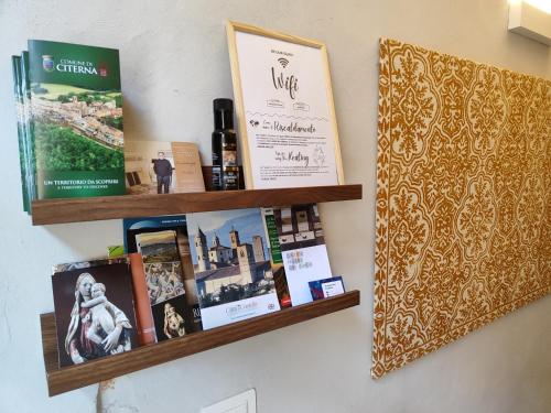 a shelf on a wall with books and pictures at Panoramic Suites - Casa degli Artisti in Citerna