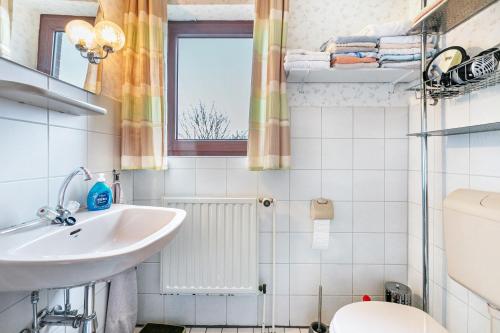 a small bathroom with a sink and a toilet at Haus Dreeßen in Buchholz
