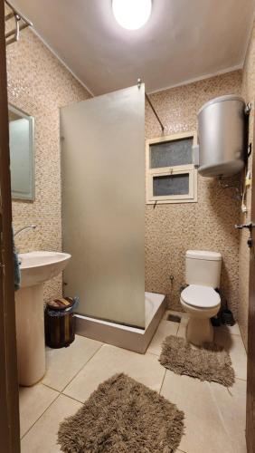 a bathroom with a shower with a toilet and a sink at Cozy apartment in Elsheikh zayed 4Th floor in Sheikh Zayed