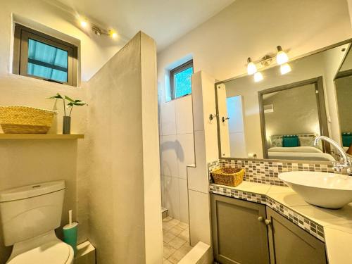 a bathroom with a sink and a toilet and a mirror at Seaview Sunset Apartment 2 in Rivière Noire