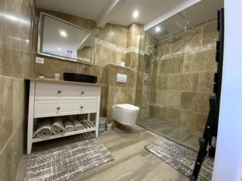 une salle de bain avec une douche, des toilettes et un lavabo dans l'établissement Villa Lagon, à Villeneuve-Loubet