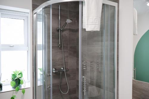 une douche avec une porte vitrée dans une salle de bain dans l'établissement Cosy Flat in Cardiff Near Independent Eateries, à Cardiff