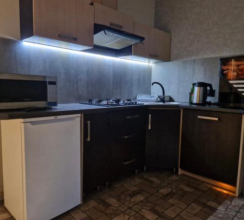 a kitchen with a sink and a stove top oven at Leśna Oaza in Rydzów