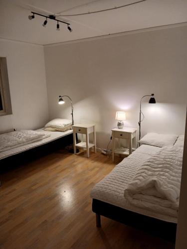 a bedroom with two beds and a table with a lamp at 3 rum och kök 3 bäddar in Ruda