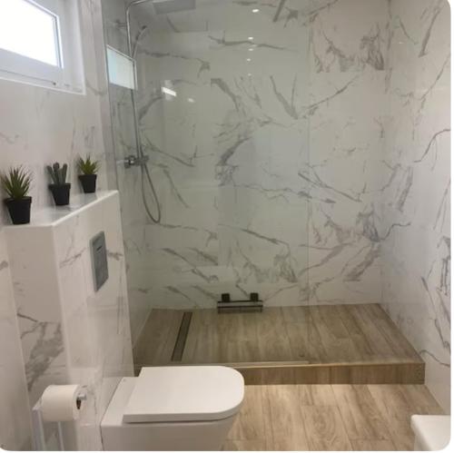 une salle de bain avec toilettes et un mur en marbre dans l'établissement Appartement Saint-Antoine Paisible CALVI, à Calvi