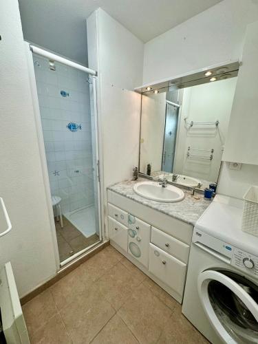 La salle de bains est pourvue d'un lavabo, d'une douche et d'un lave-linge. dans l'établissement Appart résidence avec piscine, à Propriano
