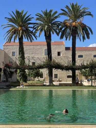 a person swimming in a pool with palm trees at Rustic House with 2 Pools in a Monastery in Tavira