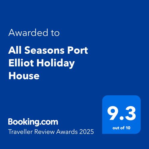 Certifikát, hodnocení, plakát nebo jiný dokument vystavený v ubytování All Seasons Port Elliot Holiday House