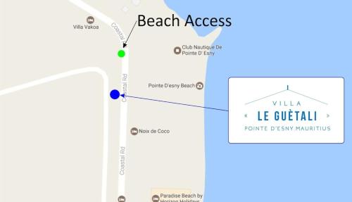 a map of the beach area with a blue dot at Villa Le Guètali in Pointe d'Esny