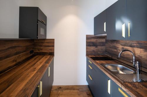 a kitchen with blue cabinets and a sink at NoAN Panorama Suiten - D i c k e n s in San Genesio Atesino