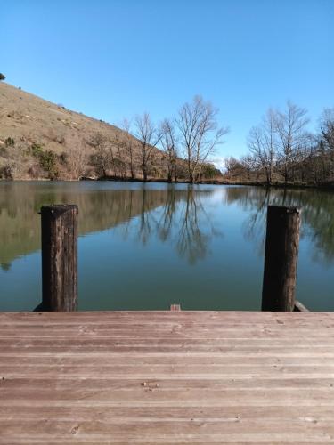 a view of a lake with a wooden dock at Maison de campagne avec lac privé in Fendeille