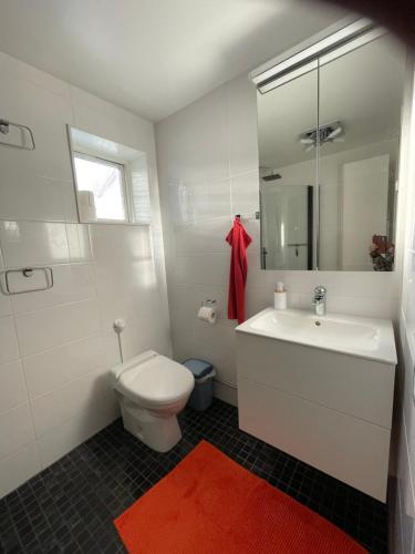 a white bathroom with a toilet and a sink at Henar Bed & Breakfast in Gävle