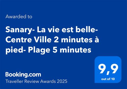 Capture d’écran d’un téléphone portable avec le texte désiré pour compléter la sonnette la plus importante dans l'établissement Sanary- La vie est belle- Centre Ville 2 minutes à pied- Plage 5 minutes, à Sanary-sur-Mer