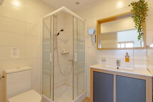une salle de bain avec une douche, des toilettes et un lavabo dans l'établissement Gîte Bellevue - cosy huisje op vakantiepark, à Jayac