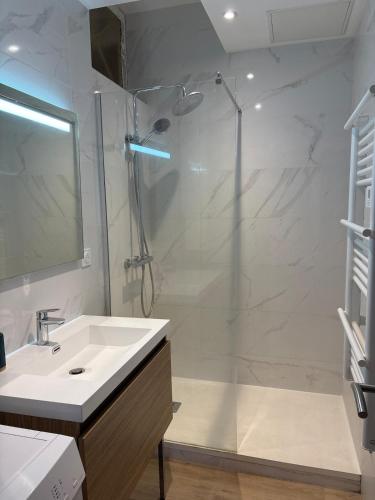 une salle de bain blanche avec une douche et un lavabo dans l'établissement T3 hyper centre, à Valence