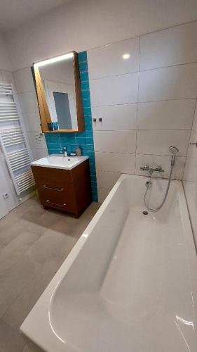 a bathroom with a tub and a sink and a mirror at Ubytování nad přehradou in Dvůr Králové nad Labem