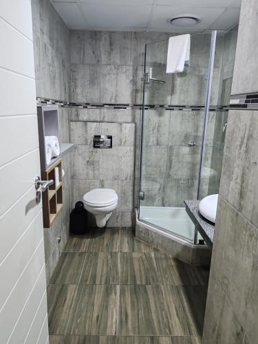a bathroom with a shower and a toilet and a sink at Regal Inn Umhlanga Gateway in Durban