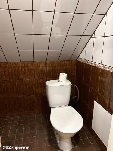 a bathroom with a toilet with a roll of toilet paper on it at Guesthouse Carl Schmidt in Põltsamaa