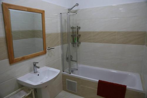 a bathroom with a shower and a sink and a tub at Goyo Apartment - Flower, Ulaanbaatar in Ulaanbaatar