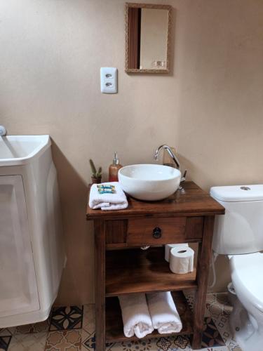a bathroom with a sink and a toilet at Tiny House Novas Palmeiras in Florianópolis