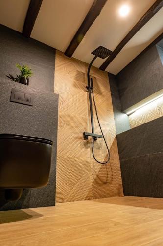 a bathroom with a shower in a room at Гусу Баба in Kostenets