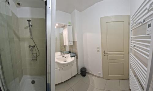 a small bathroom with a sink and a shower at les tilleuls in Saint-Planchers