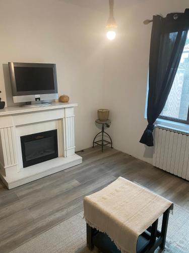 un salon avec une télévision et une cheminée dans l'établissement T2 dans Villa à Sorgues, à Sorgues
