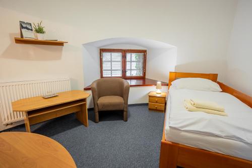 a bedroom with a bed and a desk and a chair at Smolenický zámok in Smolenice