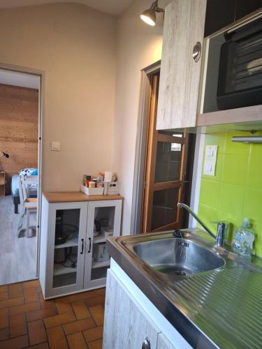 une cuisine avec un évier et un plan de travail dans l'établissement gîte l'œuf ou la poule, parking privé, sur domaine viticole, à Ribeauvillé