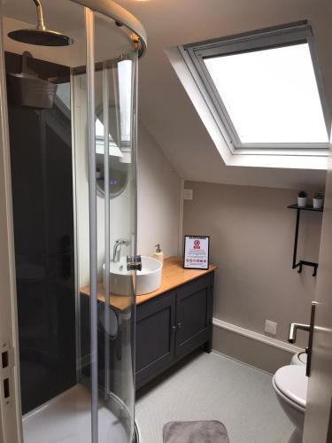 La salle de bains est pourvue d'un lavabo et d'une lucarne. dans l'établissement L'atelier des rêves - 4 pers - wifi - clim, à Châteauroux
