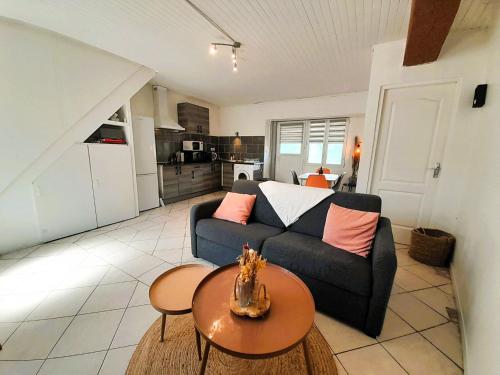 un salon avec un canapé et une table dans l'établissement Maison coquette 2 chambres jardin, à Reuilly
