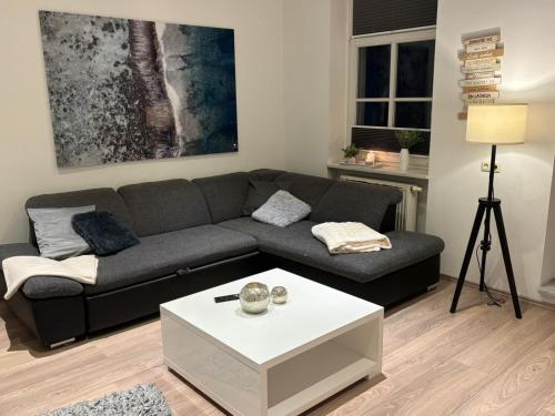 a living room with a couch and a table at Exklusive Ferienwohnung im Zentrum von Plauen in Plauen