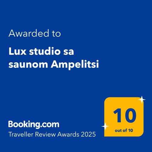 a yellow sign with the text awarded to lux studio sa summon artist at Lux studio sa saunom Ampelitsi in Ledine