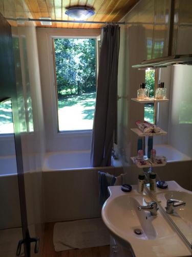 une salle de bain avec un lavabo et une fenêtre dans l'établissement Le Chalet des Berges - Piscine chauffée & Ponton Privé - En bordure de la rivière Aveyron, à Saint-Antonin